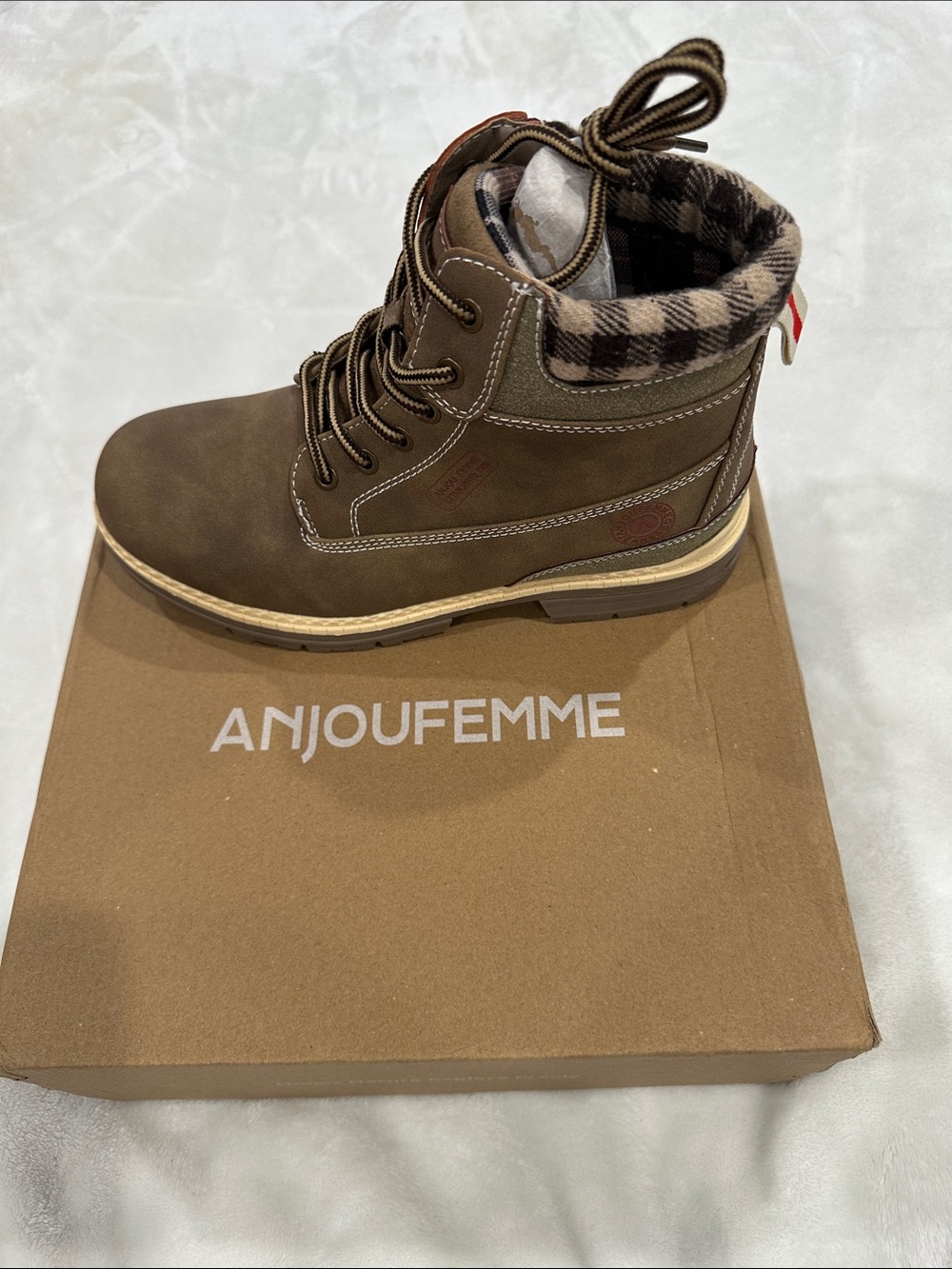 F&F Brown Lace-Up Work or hiking Boot with Plaid Collar - Picture 4 of 12